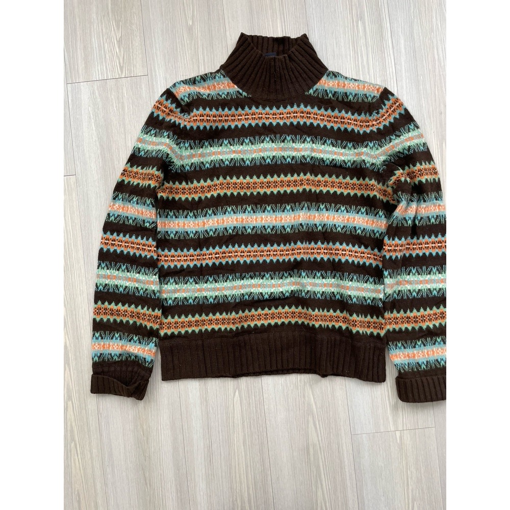 Jones New York Women's Brown Sweater with Color Work On Yolk Merino Wool Sz M
